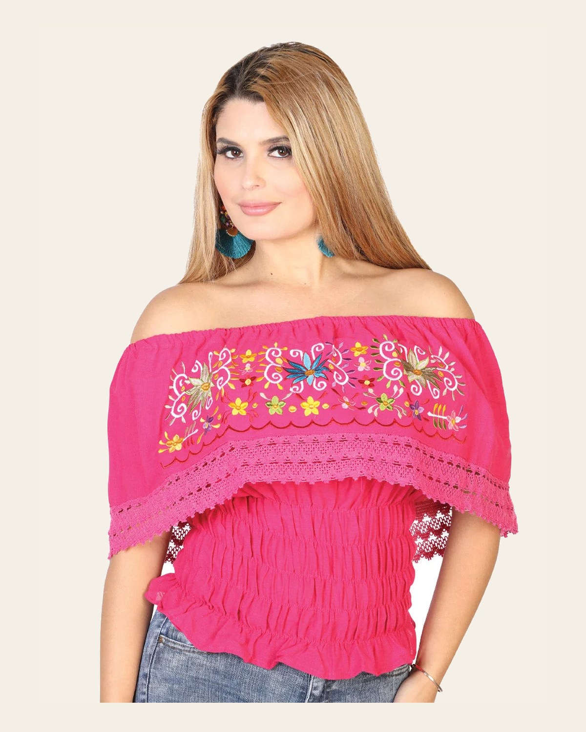 Artisanal Embroidered Blouse 50% Cotton, 50% Polyester Fuchsia 602457 on a warm cream background