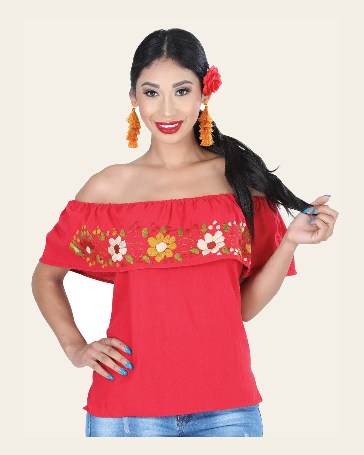 Artisanal Embroidered Blouse 50% Cotton, %50 Polyester Red 601430 on a warm cream background