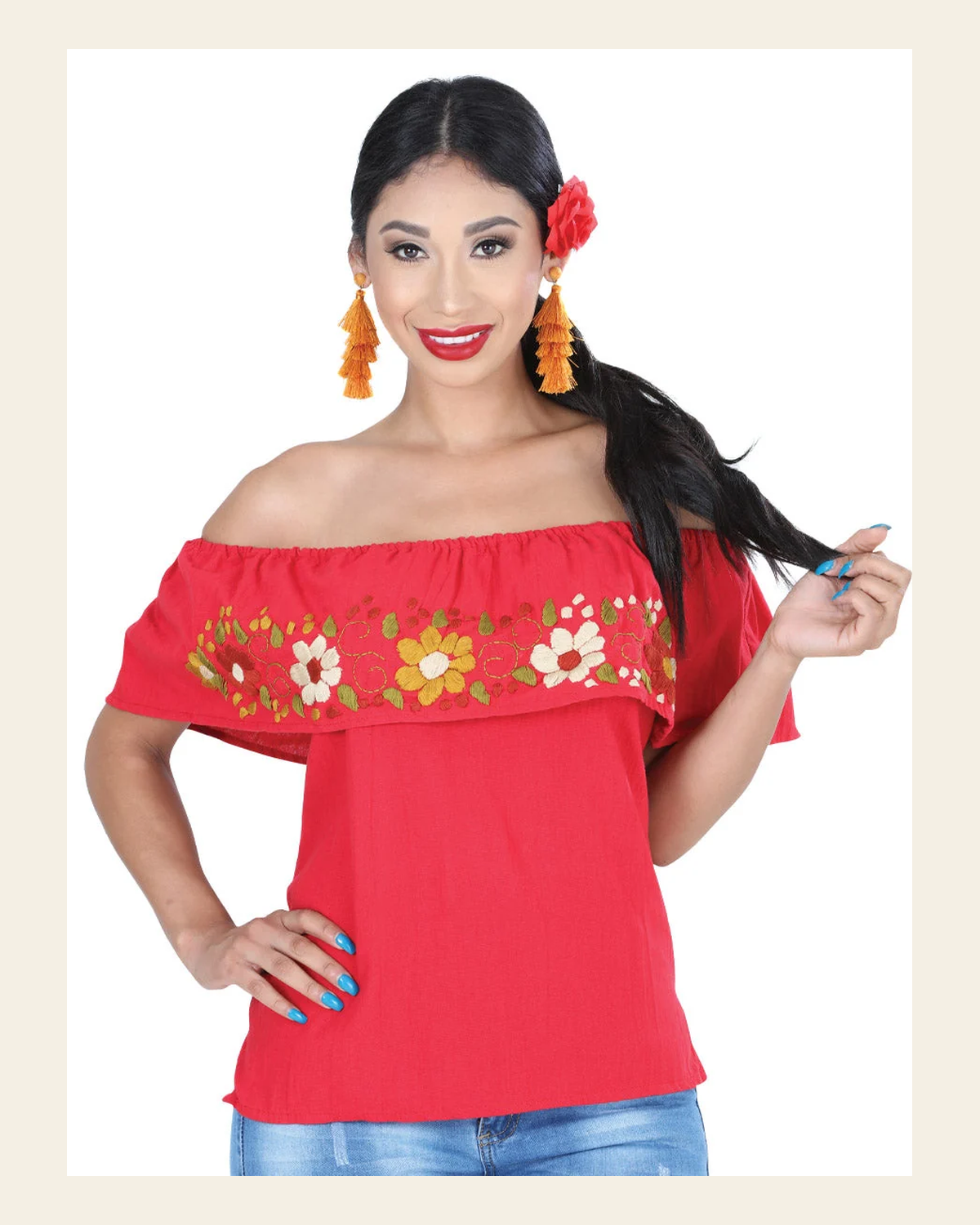 Artisanal Embroidered Blouse 50% Cotton, %50 Polyester Red 601430 on a warm cream background
