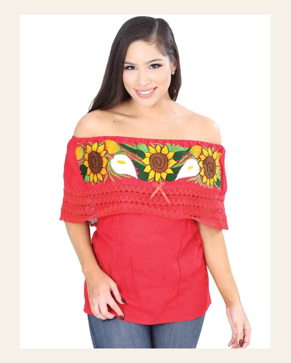 Artisanal Embroidered Blouse 50% Cotton, %50 Polyester Red 601703 on a warm cream background