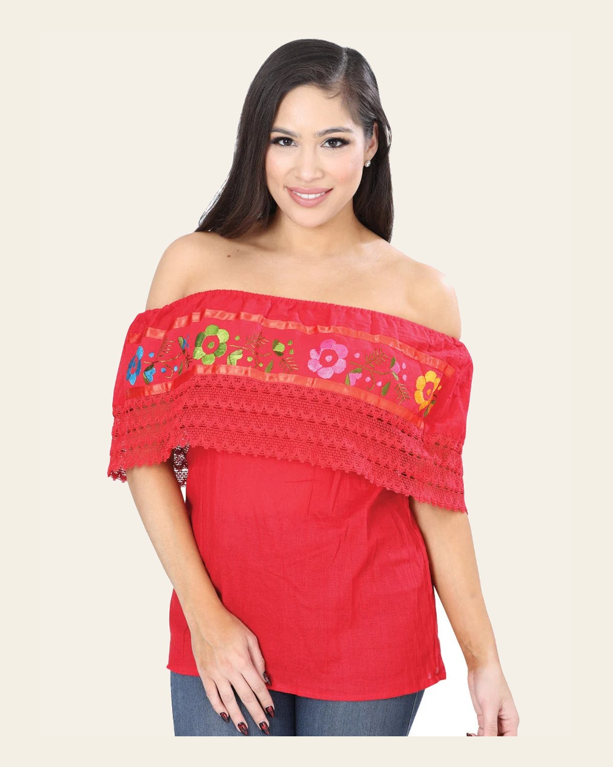 Artisanal Embroidered Blouse 50% Cotton, %50 Polyester Red 601704 on a warm cream background