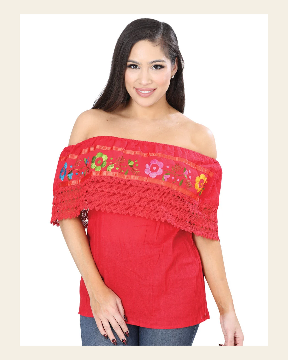 Artisanal Embroidered Blouse 50% Cotton, %50 Polyester Red 601704 on a warm cream background