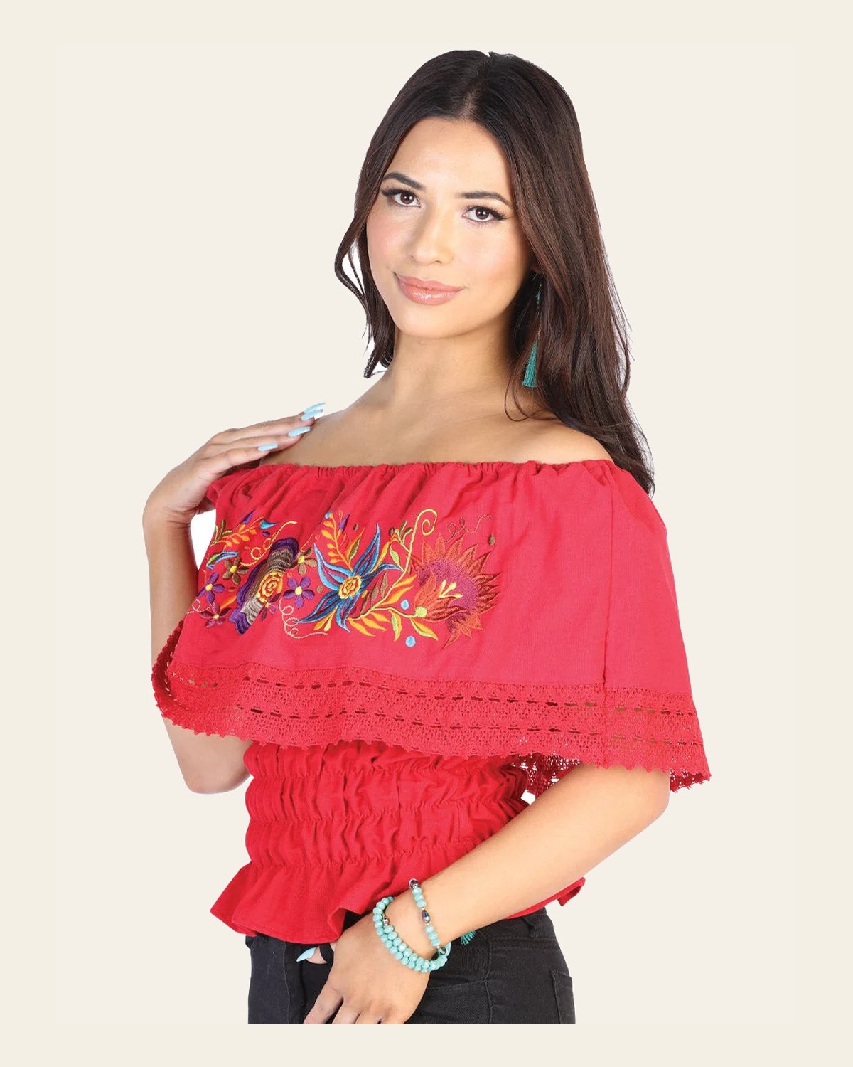 Artisanal Embroidered Blouse 50% Cotton, 50% Polyester Red 602454 on a warm cream background