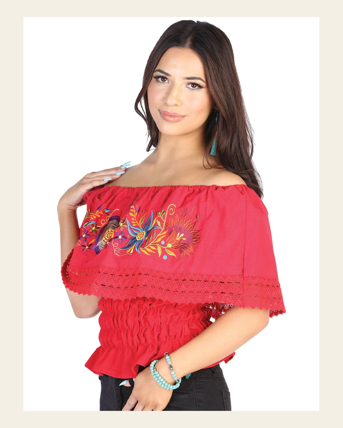 Artisanal Embroidered Blouse 50% Cotton, 50% Polyester Red 602454 on a warm cream background