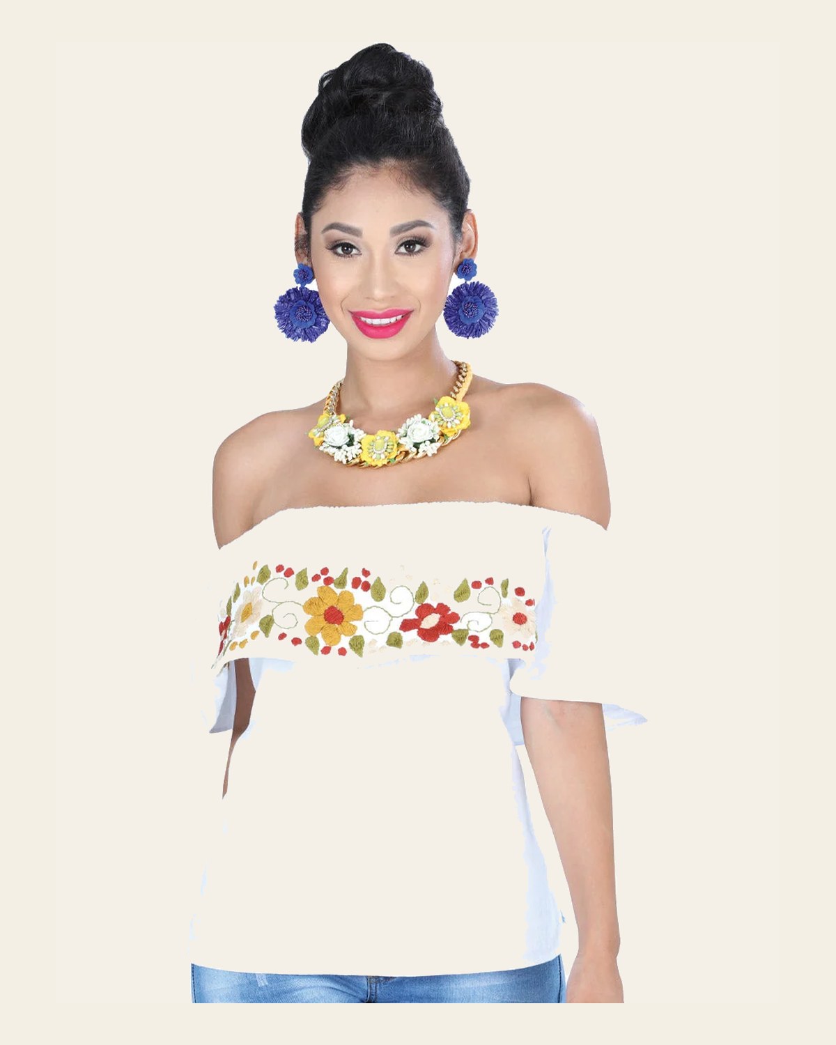 Artisanal Embroidered Blouse 50% Cotton, %50 Polyester White 601428 on a warm cream background