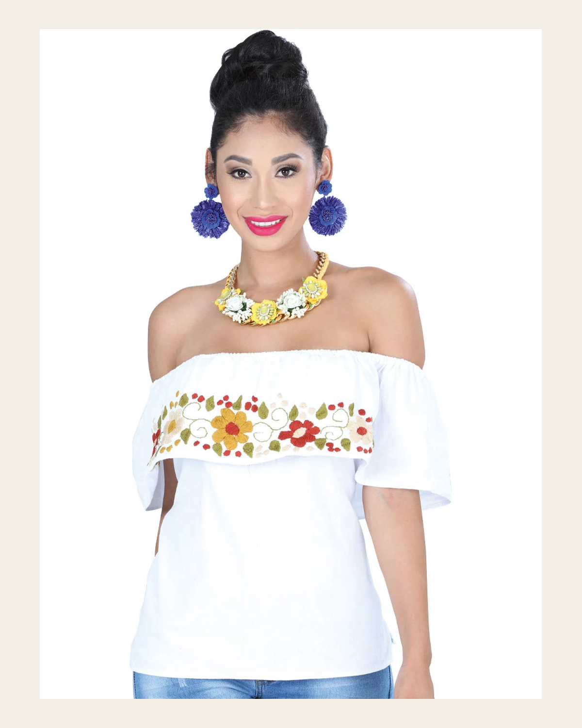 Artisanal Embroidered Blouse 50% Cotton, %50 Polyester White 601428 on a warm cream background
