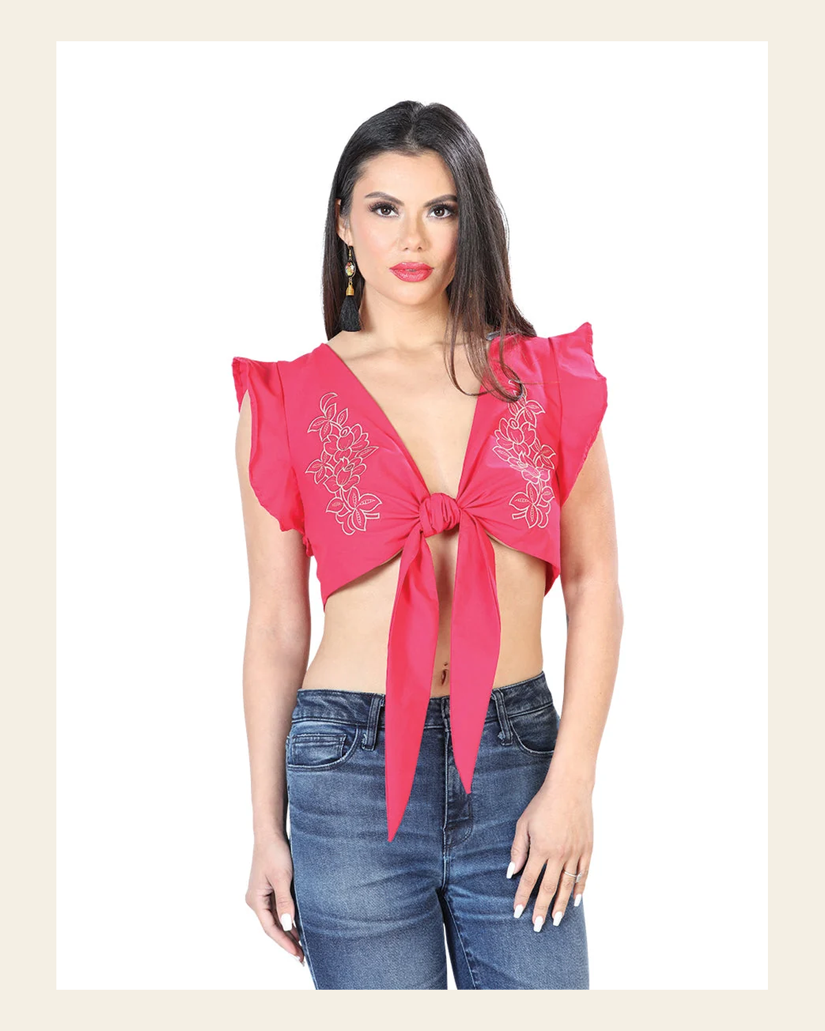 Artisanal Embroidered Blouse 65% Polyester 35% Cotton Fuchsia 603861 on a warm cream background