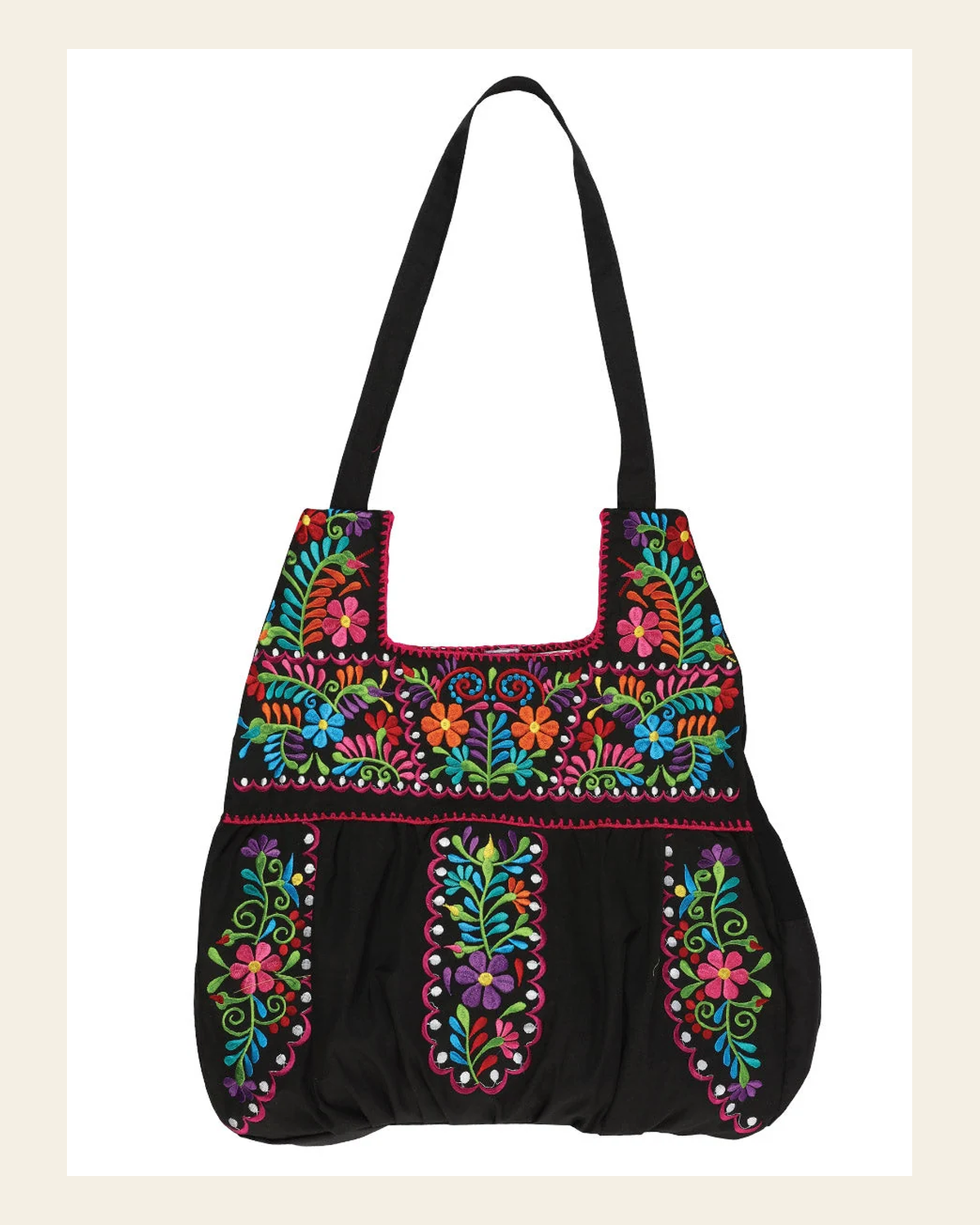Artisanal Embroidered Handbag 50% Cotton, 50% Polyester Black 603194 on a warm cream background