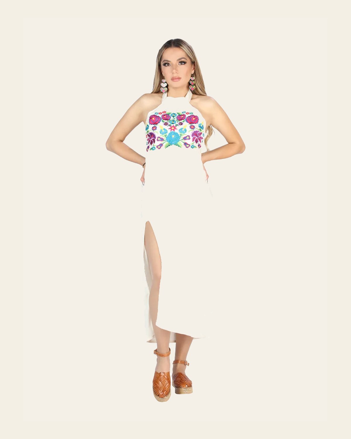 Artisanal Embroidered Dress 100% Cotton Beige 604057 on a warm cream background