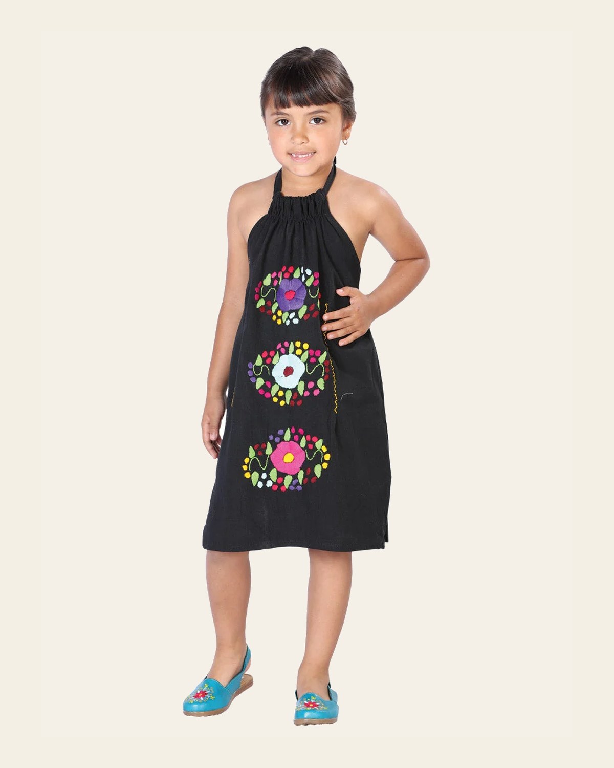 Artisanal Embroidered Dress 100% Cotton Black 603589 on a warm cream background