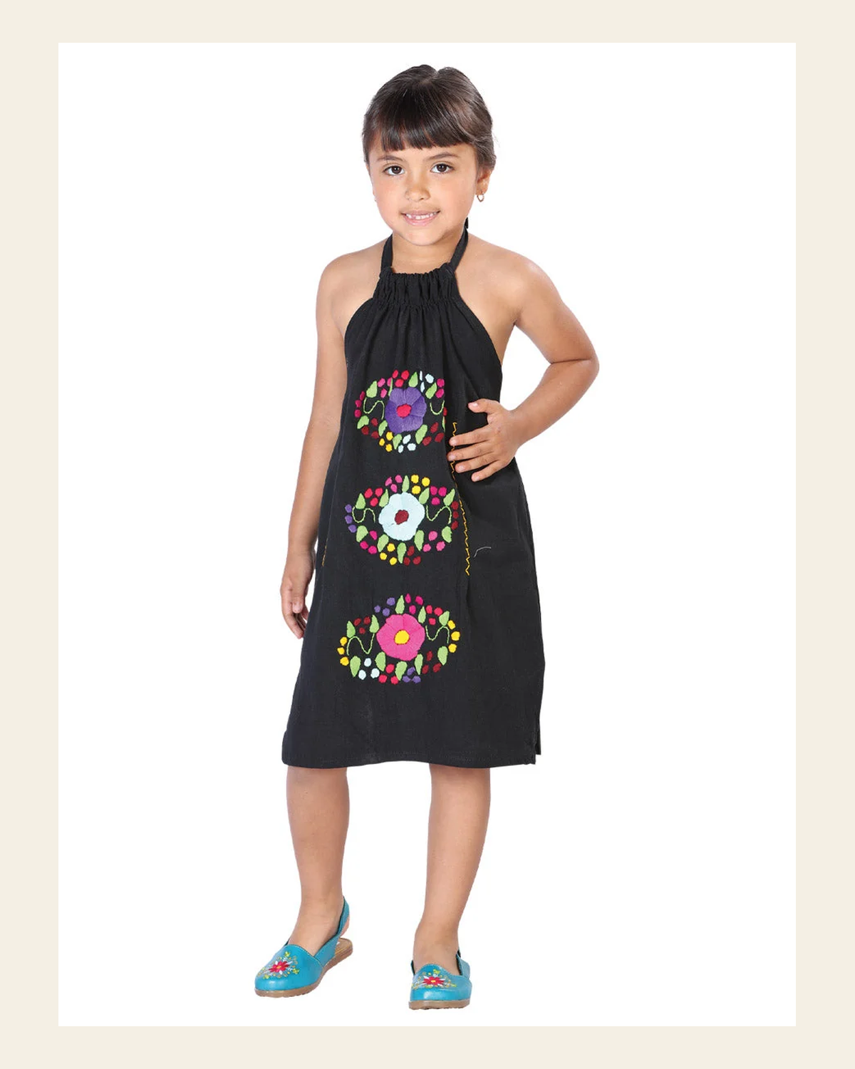Artisanal Embroidered Dress 100% Cotton Black 603589 on a warm cream background