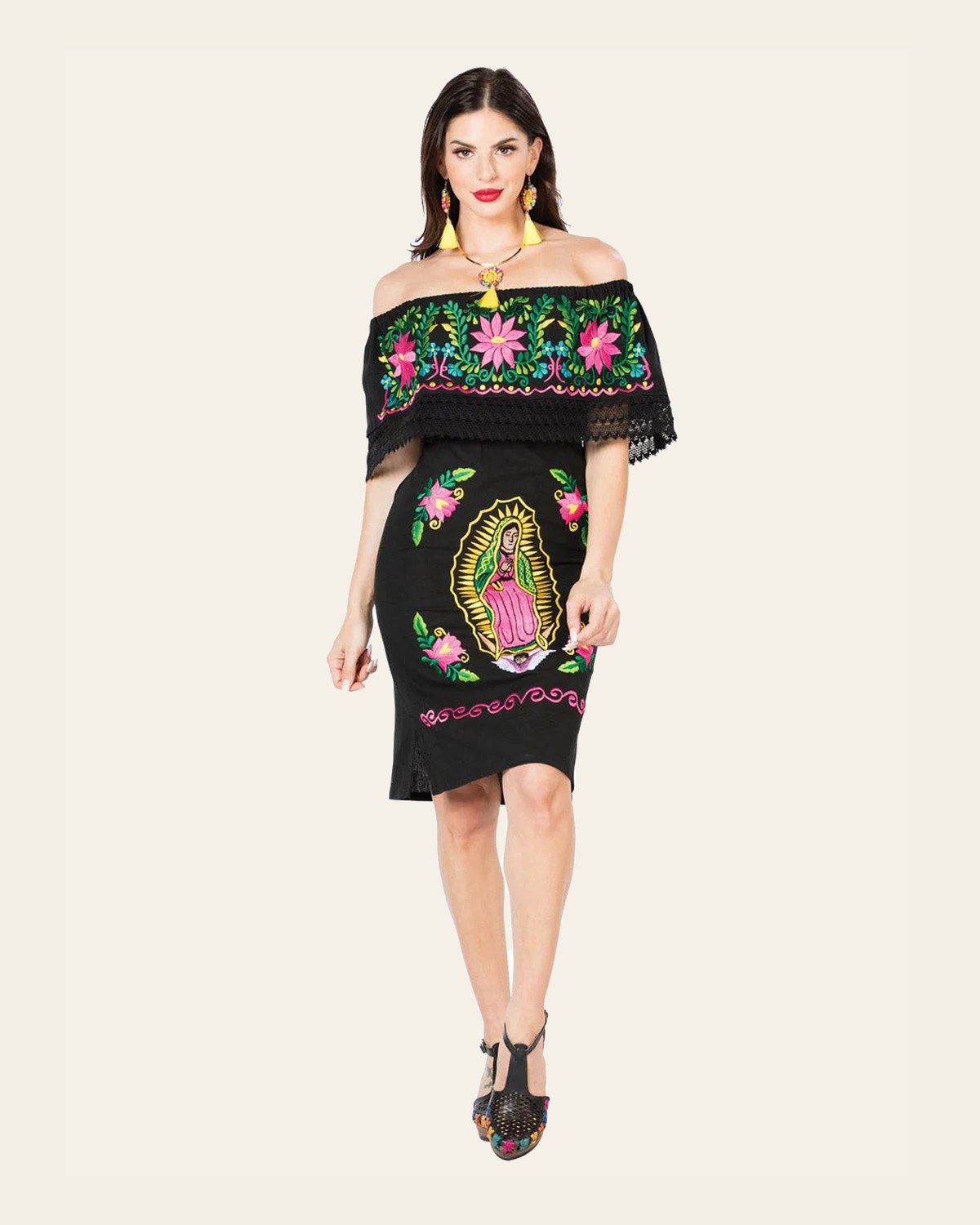 Artisanal Embroidered Dress 100% Cotton Black 603709 on a warm cream background