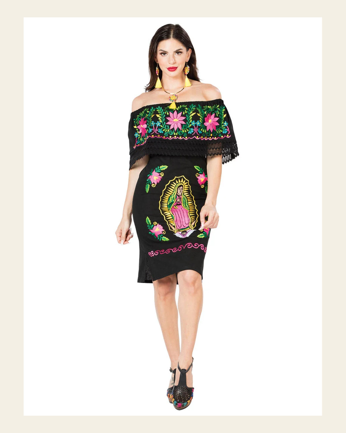 Artisanal Embroidered Dress 100% Cotton Black 603709 on a warm cream background