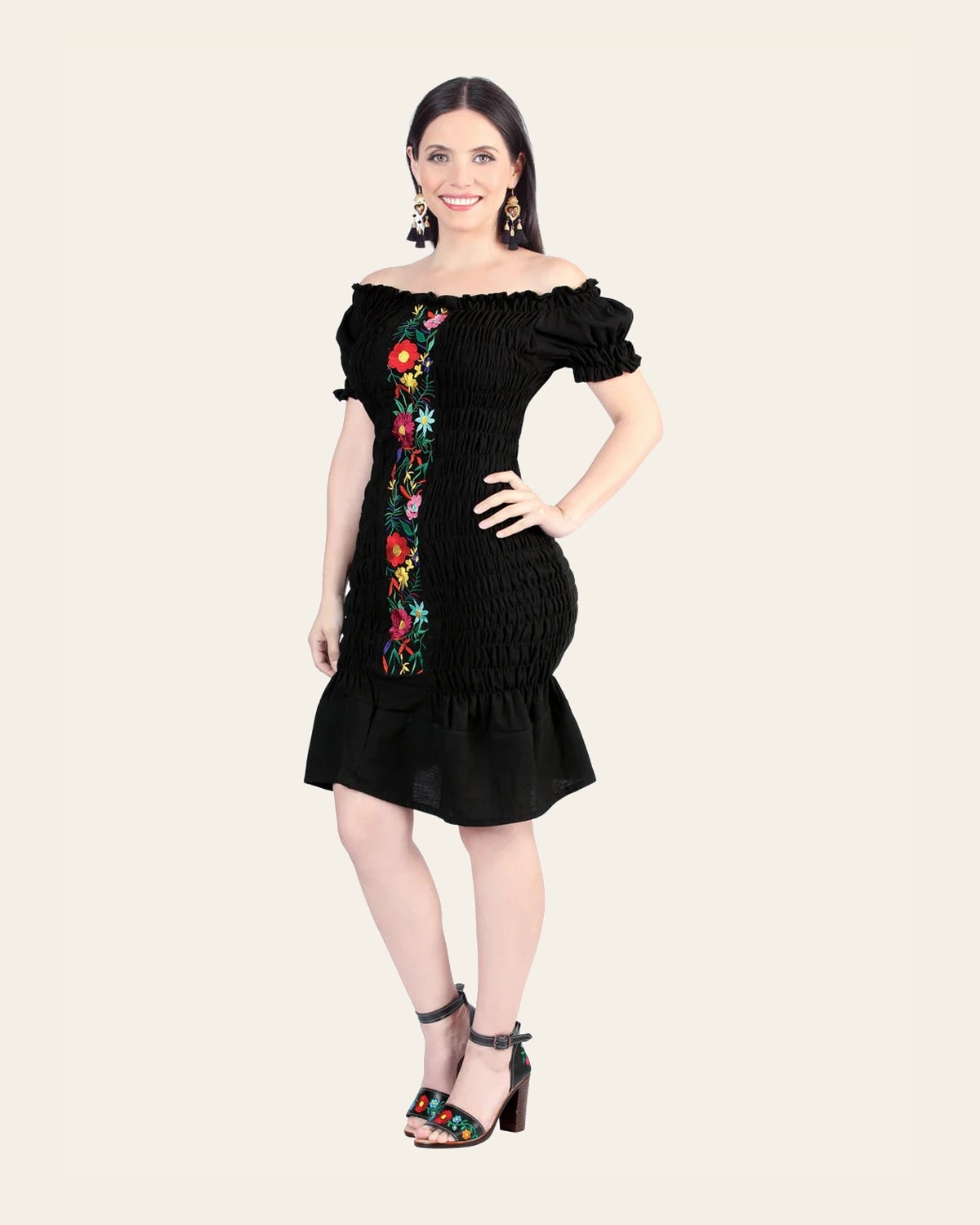 Artisanal Embroidered Dress 100% Cotton Black 604007 on a warm cream background