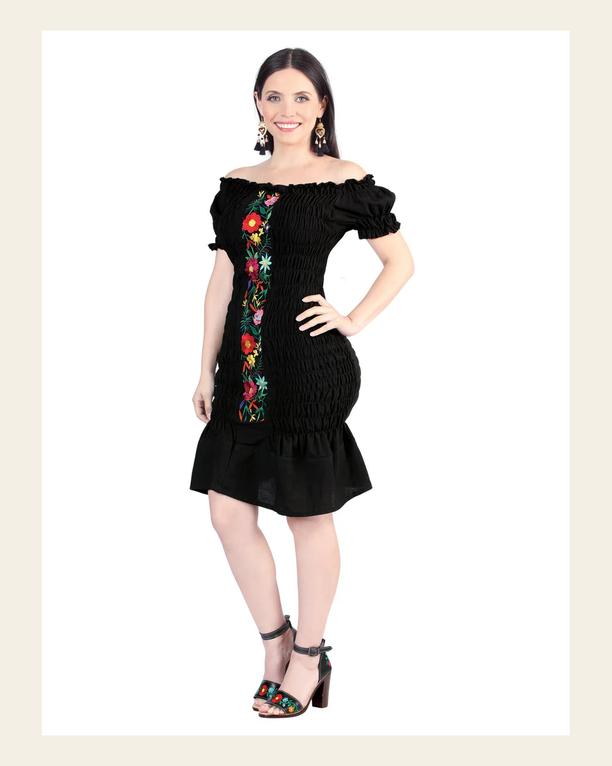 Artisanal Embroidered Dress 100% Cotton Black 604007 on a warm cream background