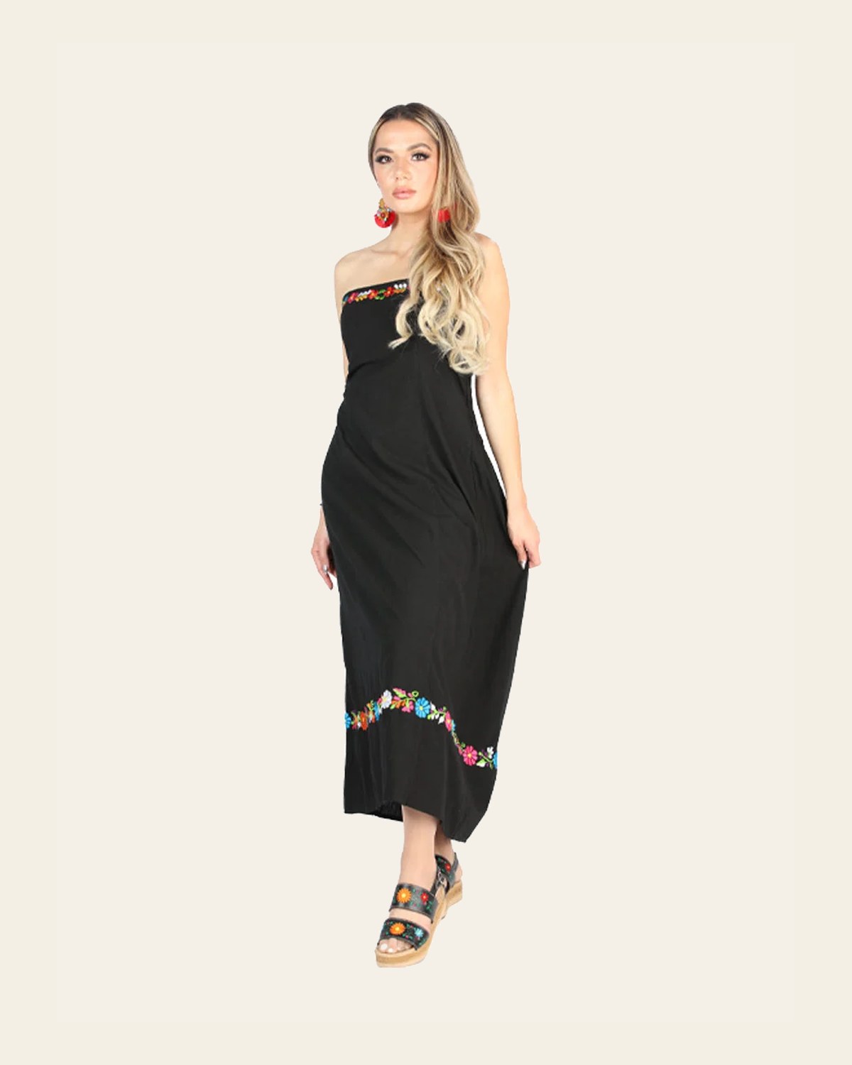 Artisanal Embroidered Dress 100% Cotton Black 604053 on a warm cream background