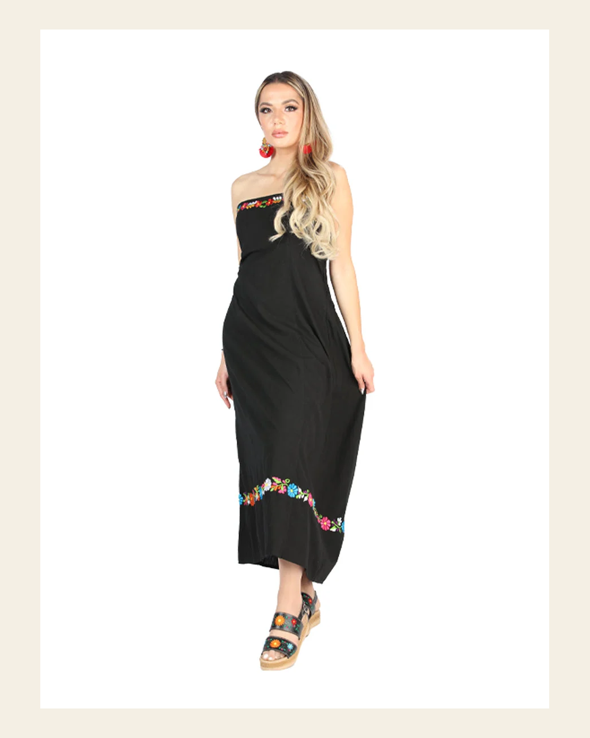 Artisanal Embroidered Dress 100% Cotton Black 604053 on a warm cream background