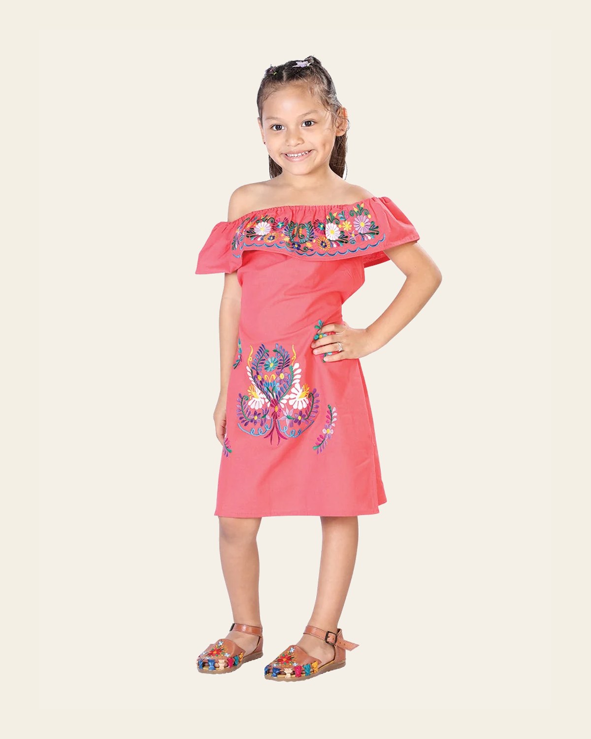 Artisanal Embroidered Dress 100% Cotton Coral 603040 on a warm cream background
