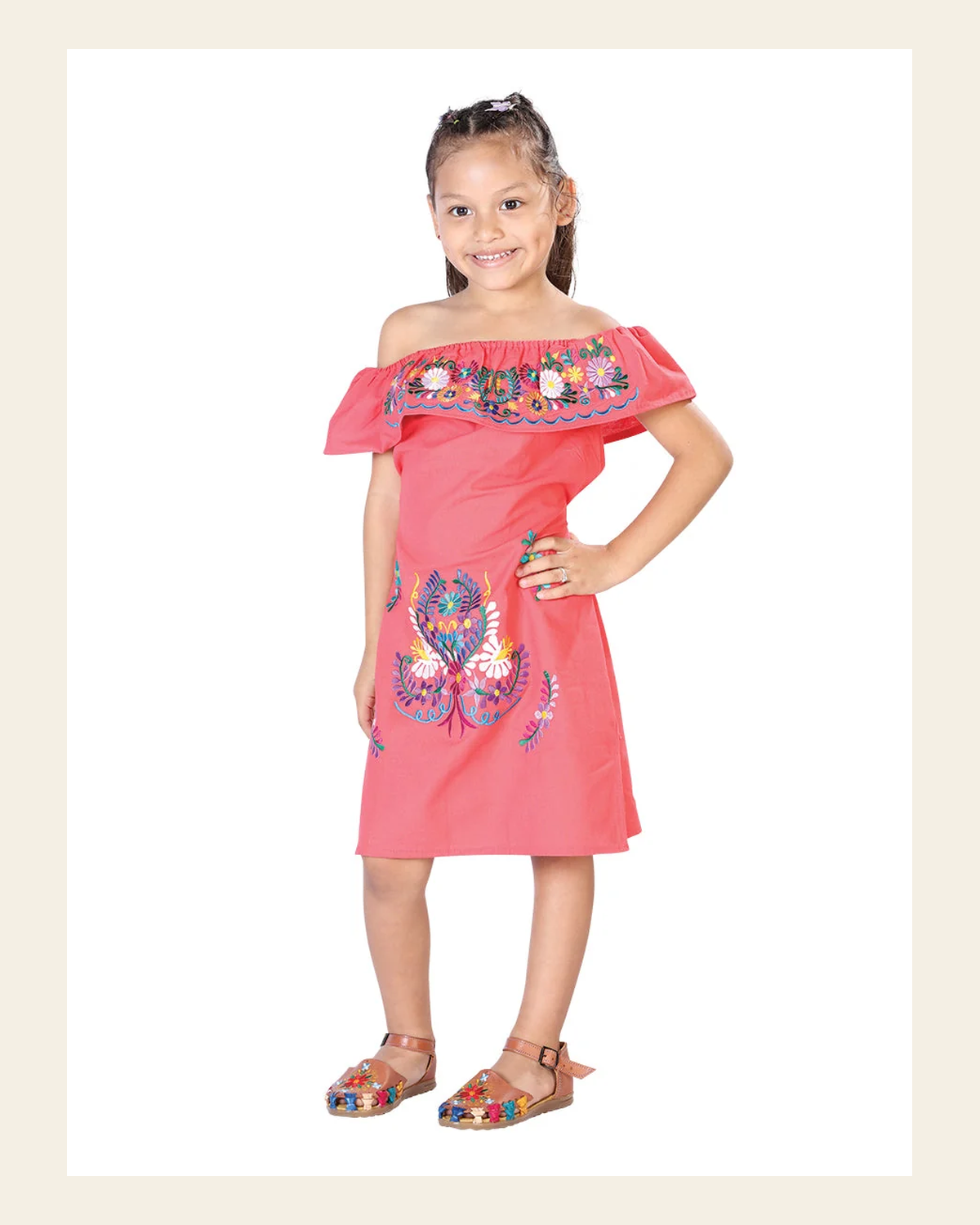 Artisanal Embroidered Dress 100% Cotton Coral 603040 on a warm cream background