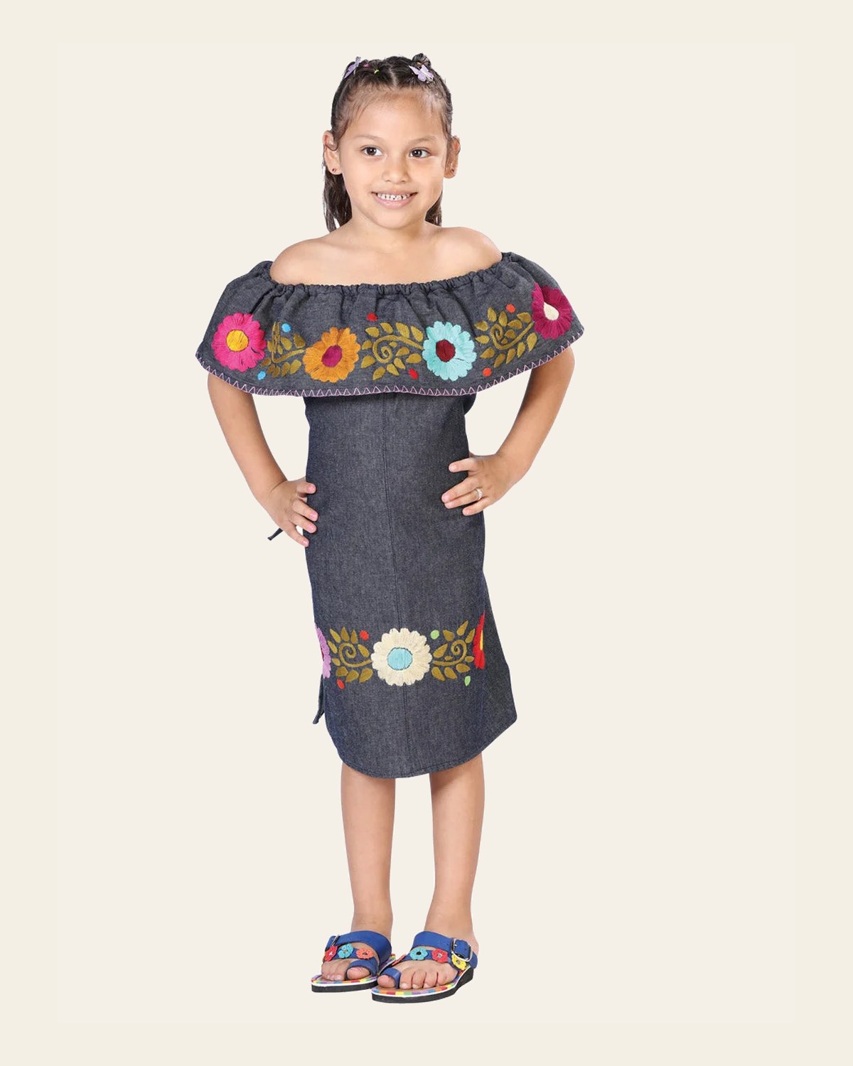Artisanal Embroidered Dress 100% Cotton Denim Blue 603271 on a warm cream background