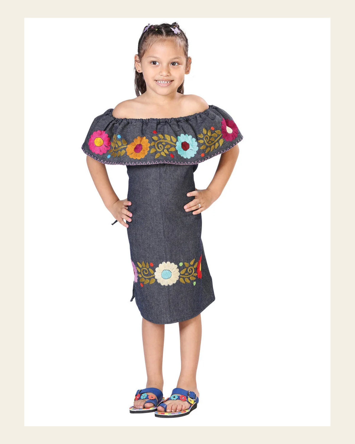 Artisanal Embroidered Dress 100% Cotton Denim Blue 603271 on a warm cream background