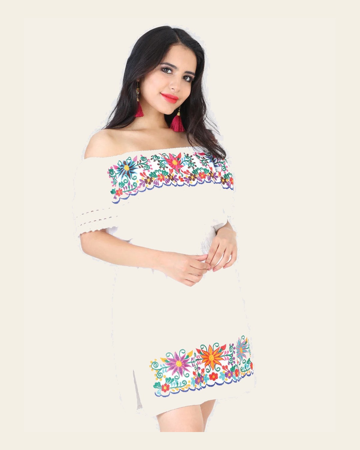 Artisanal Embroidered Dress 100% Cotton White 602219 on a warm cream background