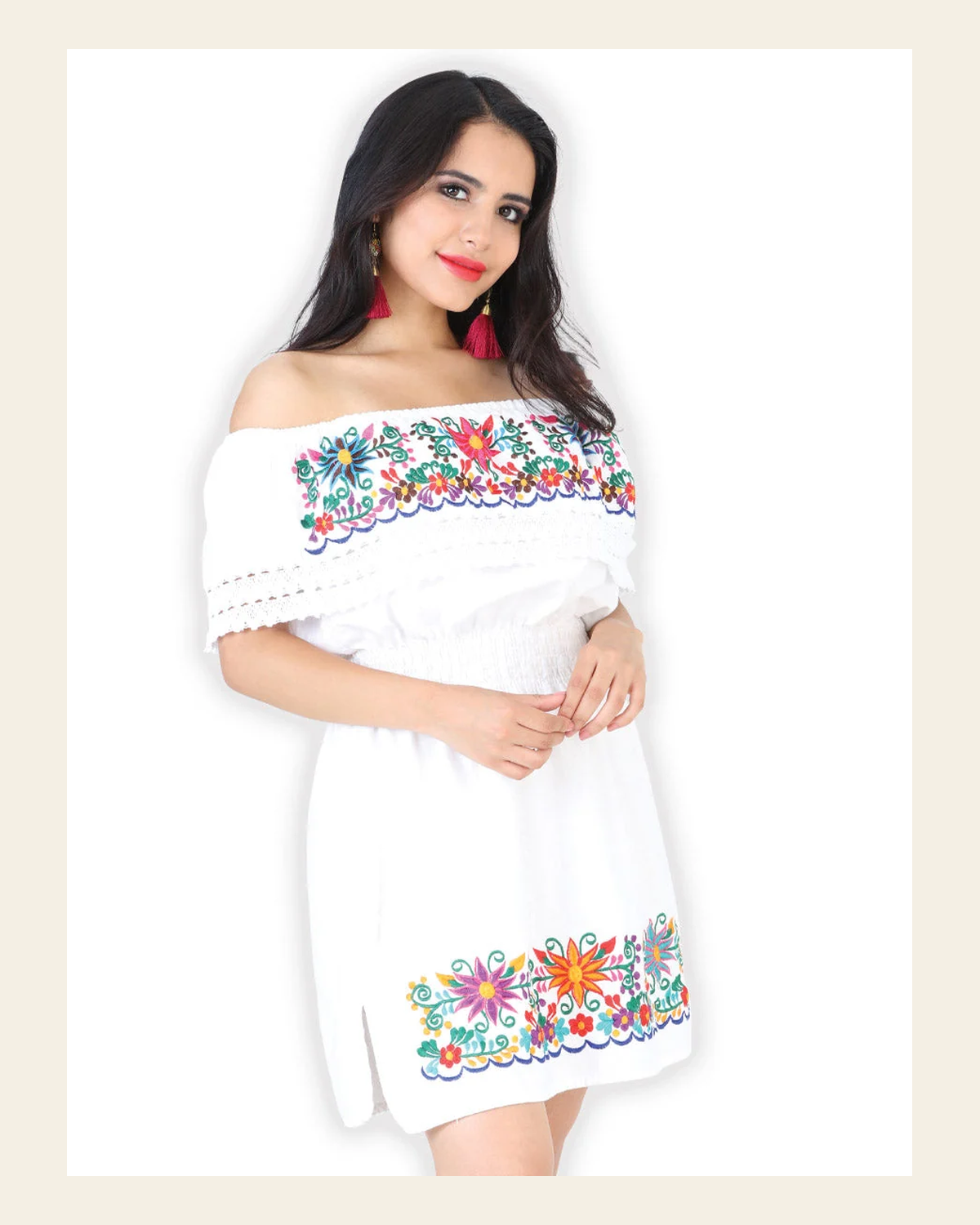 Artisanal Embroidered Dress 100% Cotton White 602219 on a warm cream background