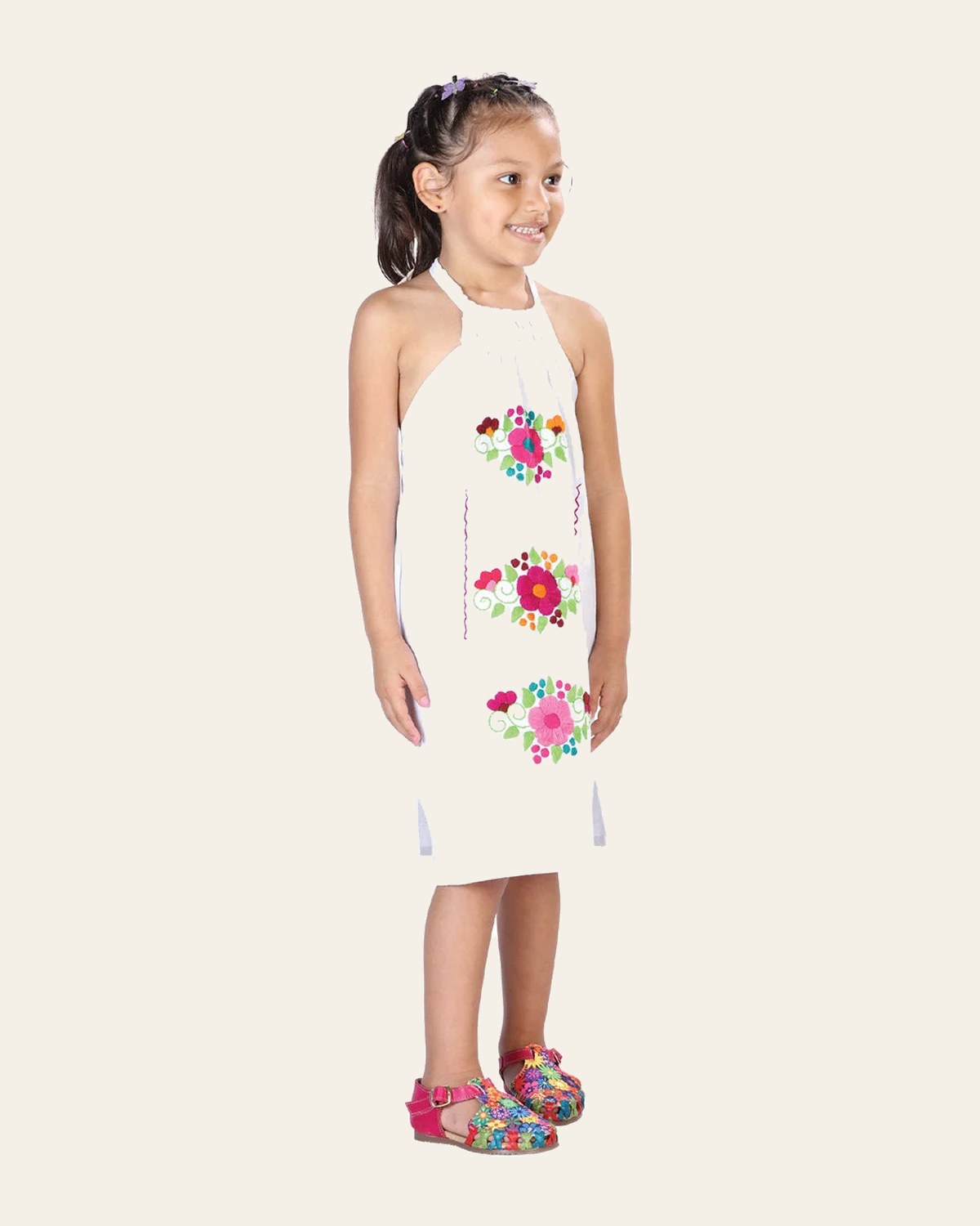 Artisanal Embroidered Dress 100% Cotton White 603590 on a warm cream background