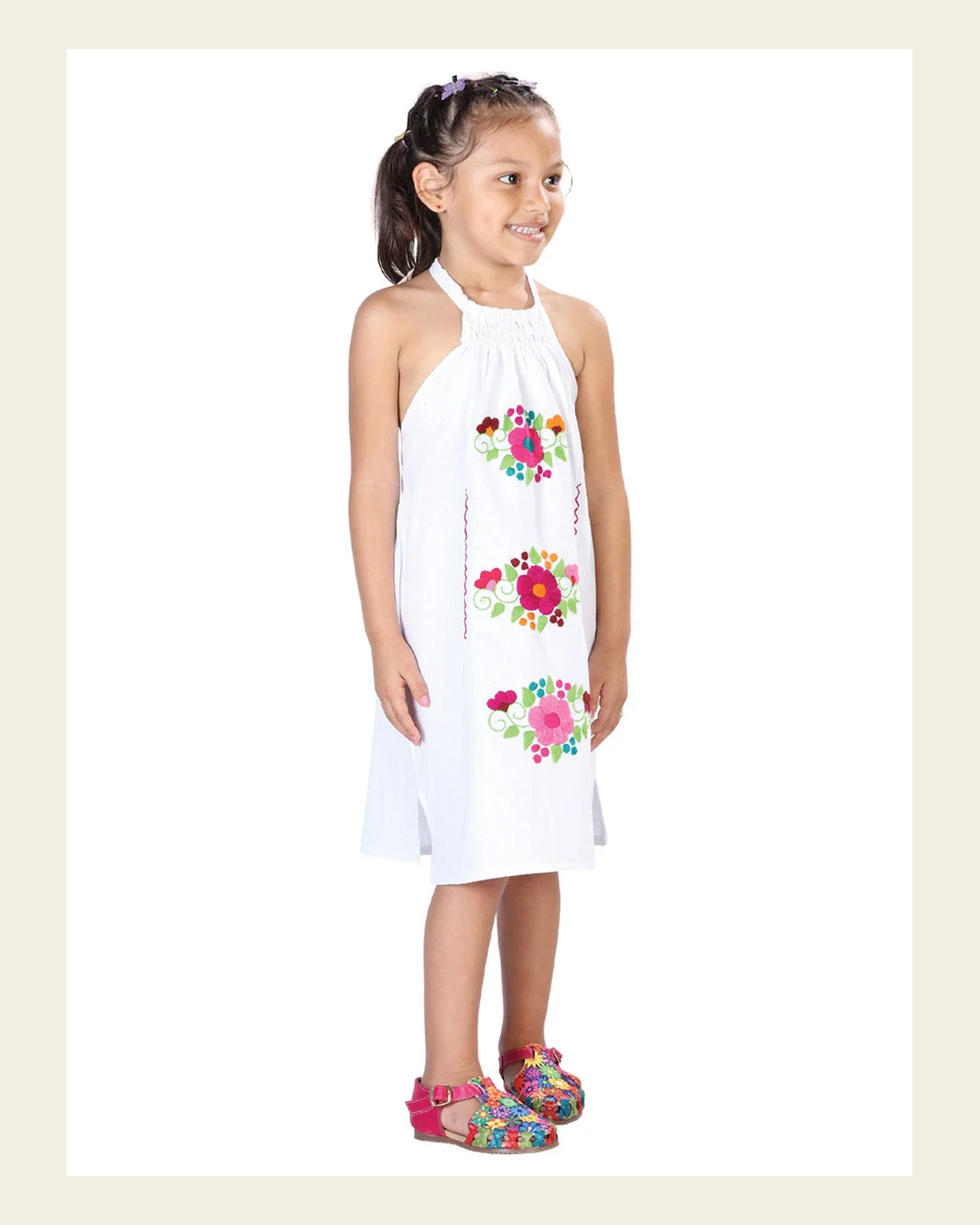 Artisanal Embroidered Dress 100% Cotton White 603590 on a warm cream background