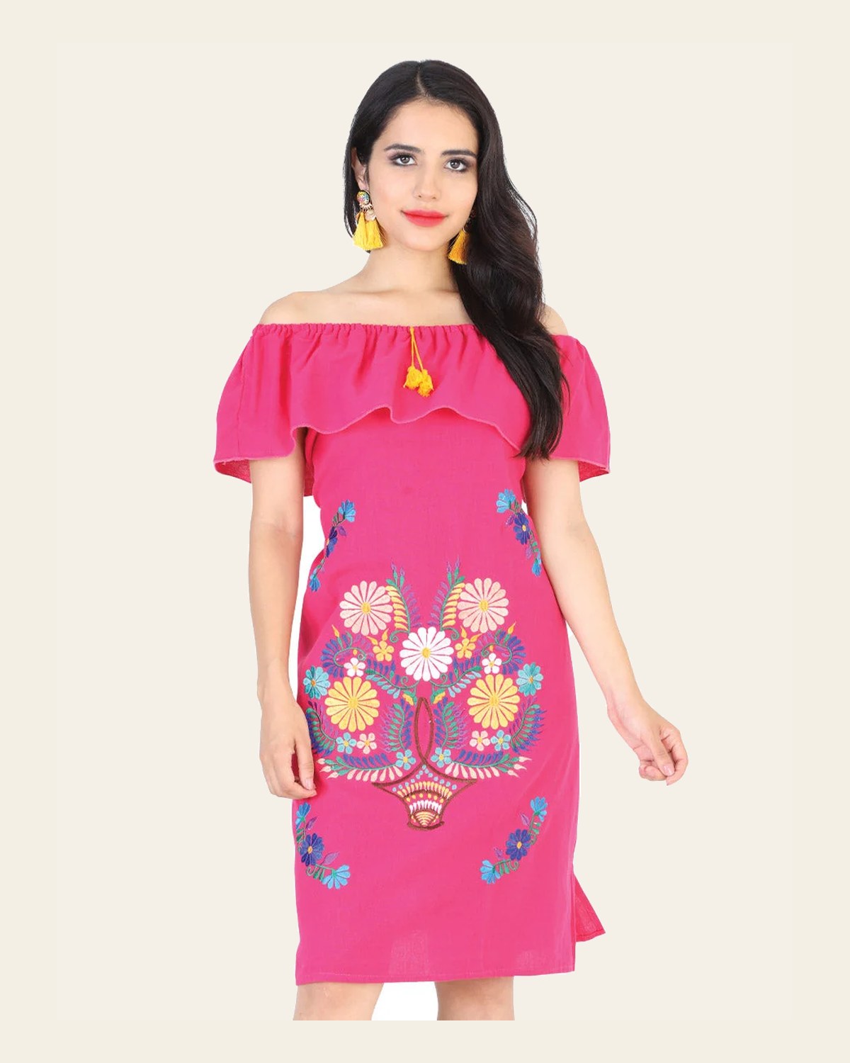 Artisanal Embroidered Dress 50% Cotton, 50% Polyester Fuchsia 601961 on a warm cream background