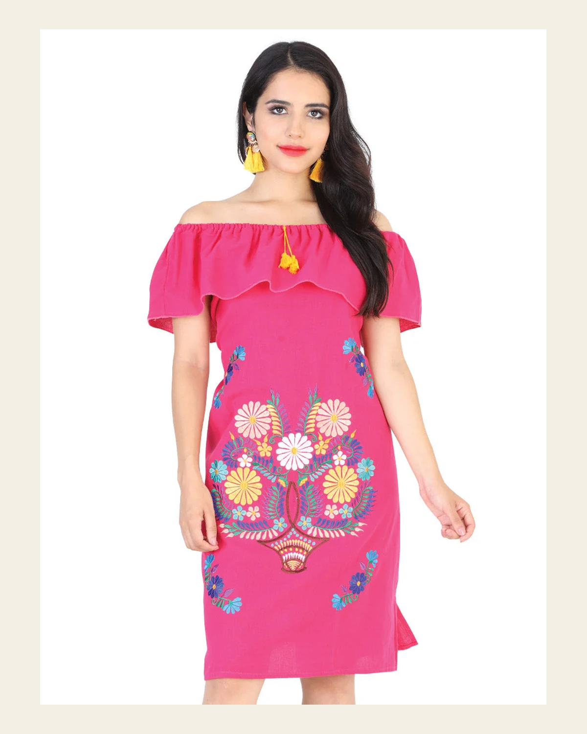 Artisanal Embroidered Dress 50% Cotton, 50% Polyester Fuchsia 601961 on a warm cream background
