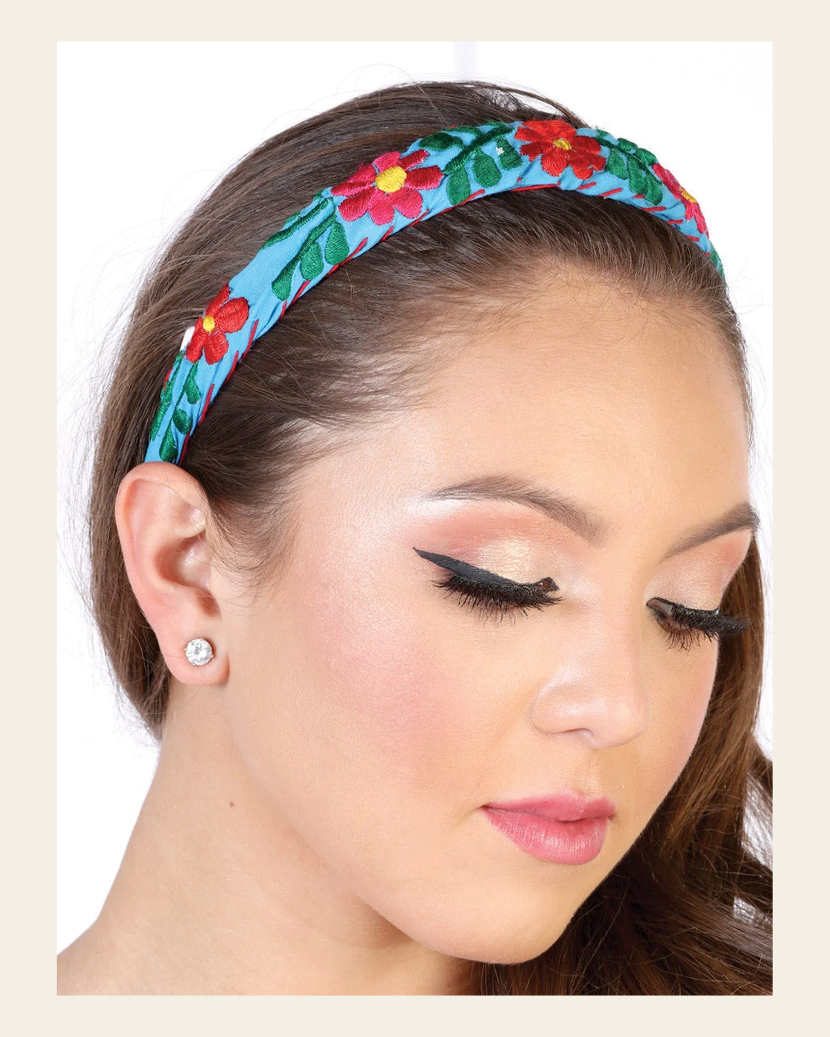 Artisanal Embroidered Headband 100% Cotton Blue 602693 on a warm cream background