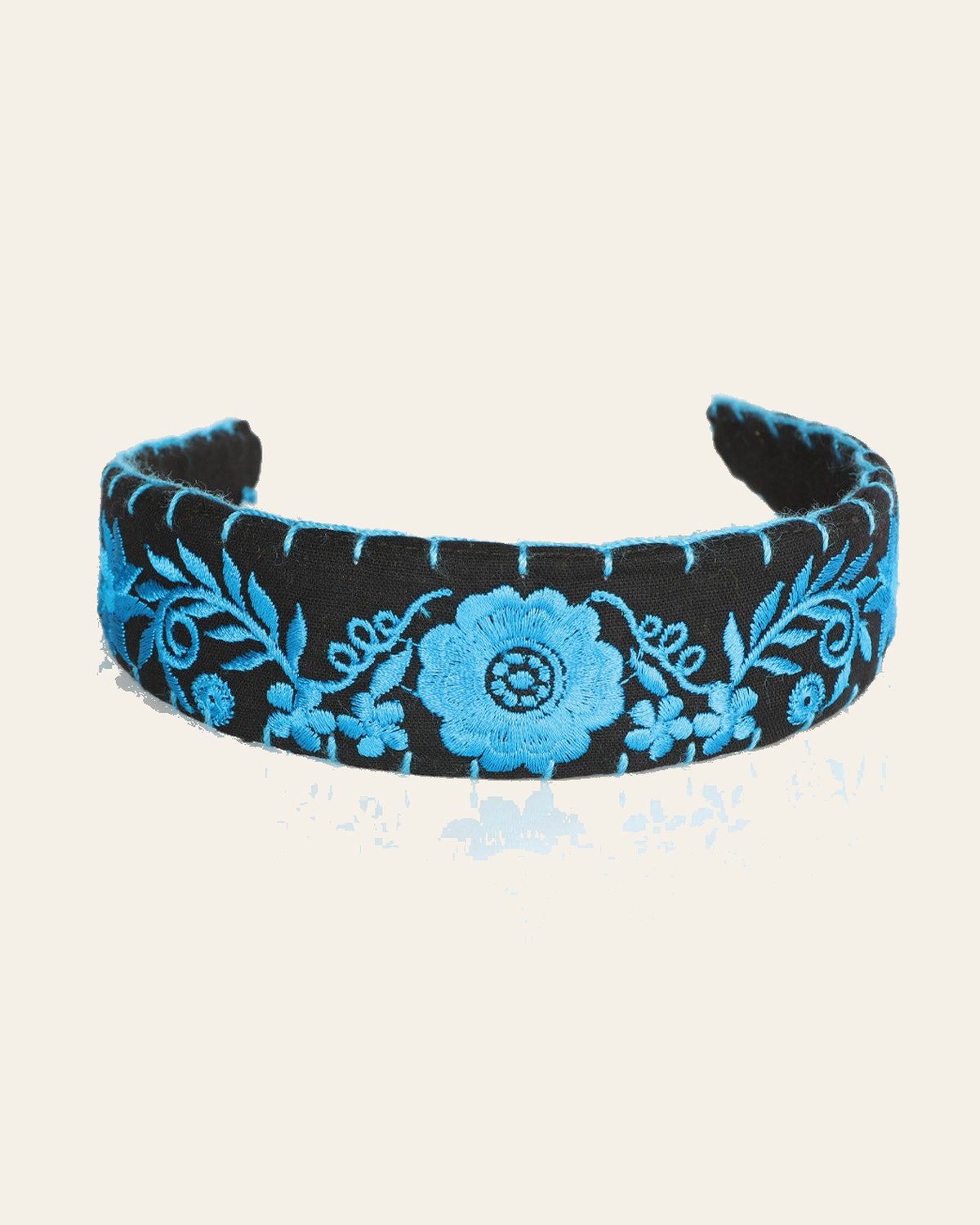 Artisanal Embroidered Headband 100% Cotton Blue 603120 on a warm cream background