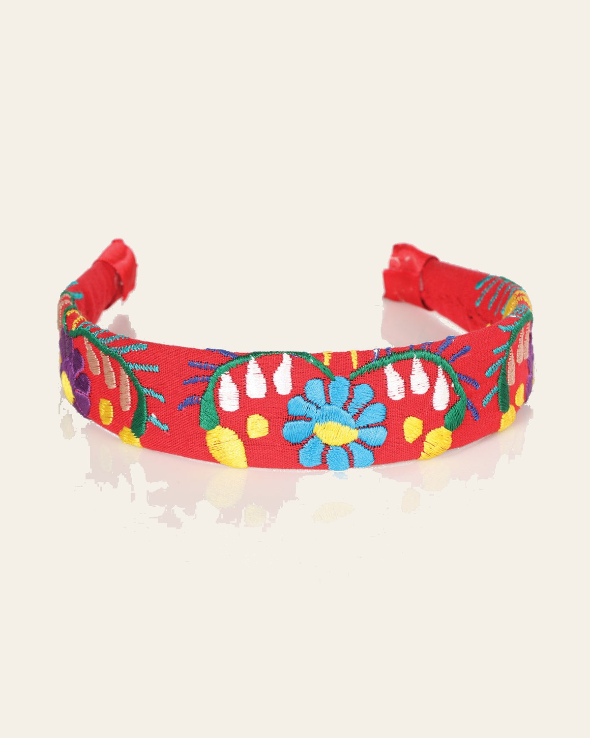 Artisanal Embroidered Headband 100% Cotton Red 603106 on a warm cream background