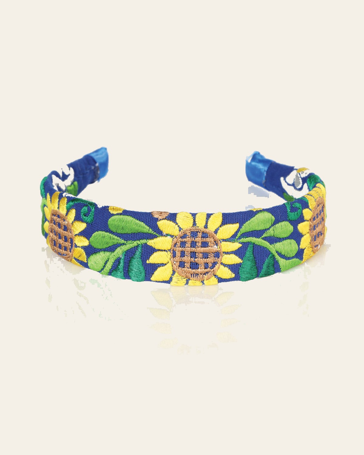 Artisanal Embroidered Headband 100% Cotton Royal Blue 603103 on a warm cream background