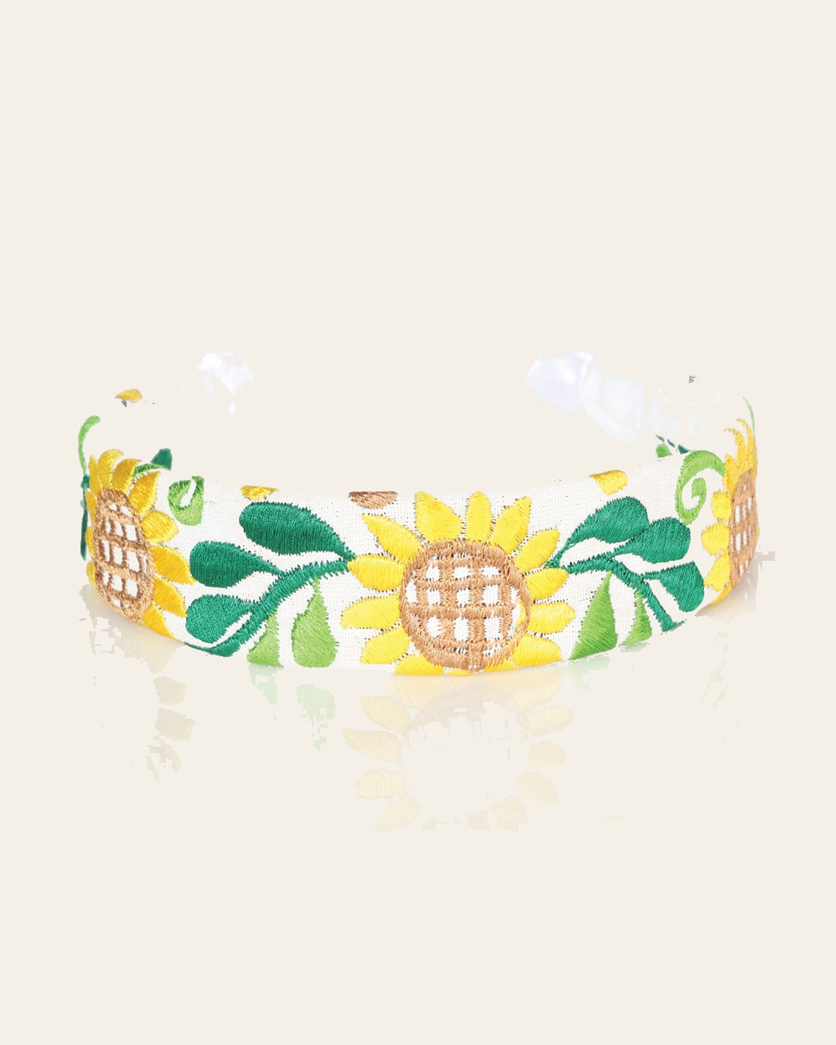 Artisanal Embroidered Headband 100% Cotton White 603105 on a warm cream background