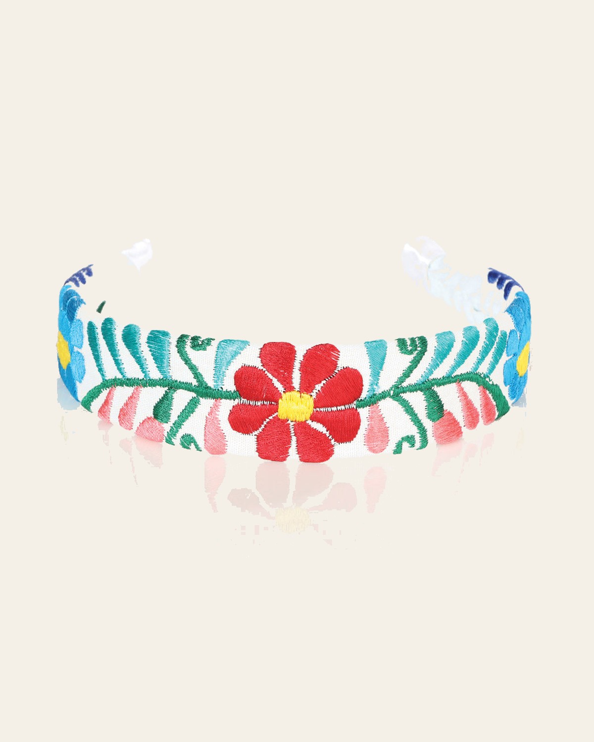 Artisanal Embroidered Headband 100% Cotton White 603107 on a warm cream background