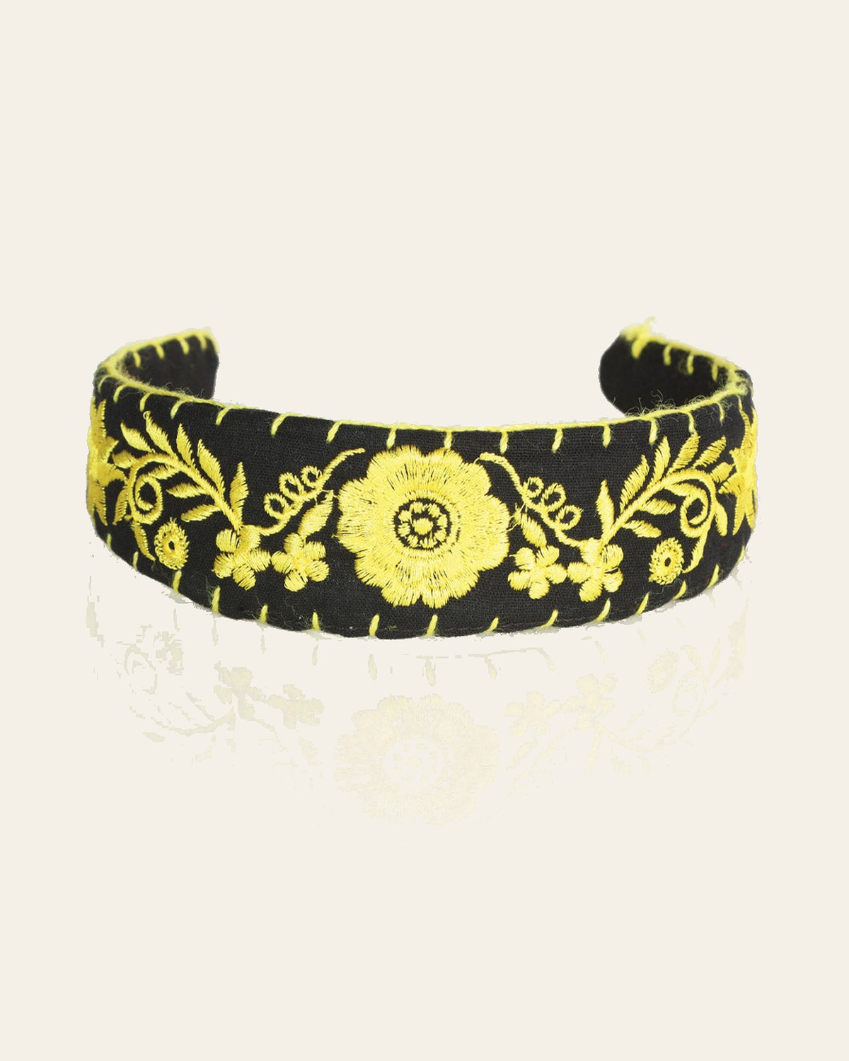 Artisanal Embroidered Headband 100% Cotton Yellow 603122 on a warm cream background