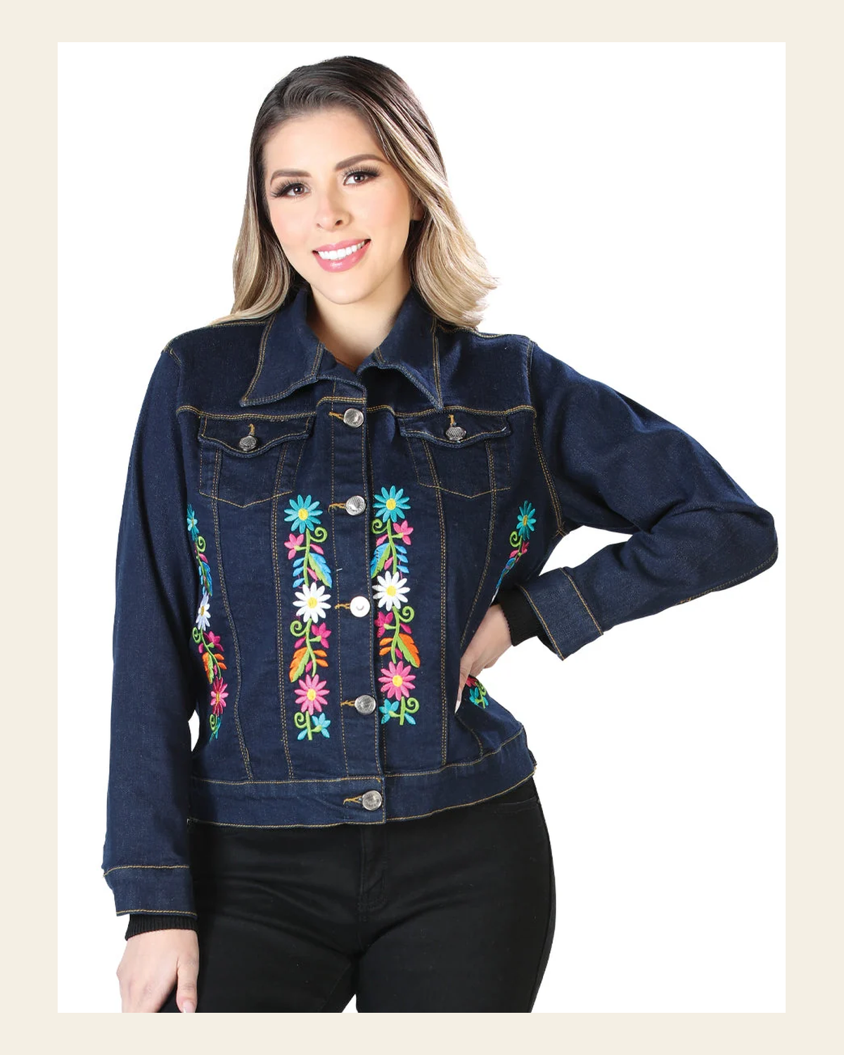 Artisanal Embroidered Jacket 50% Cotton, 50% Polyester Blue 603829 on a warm cream background