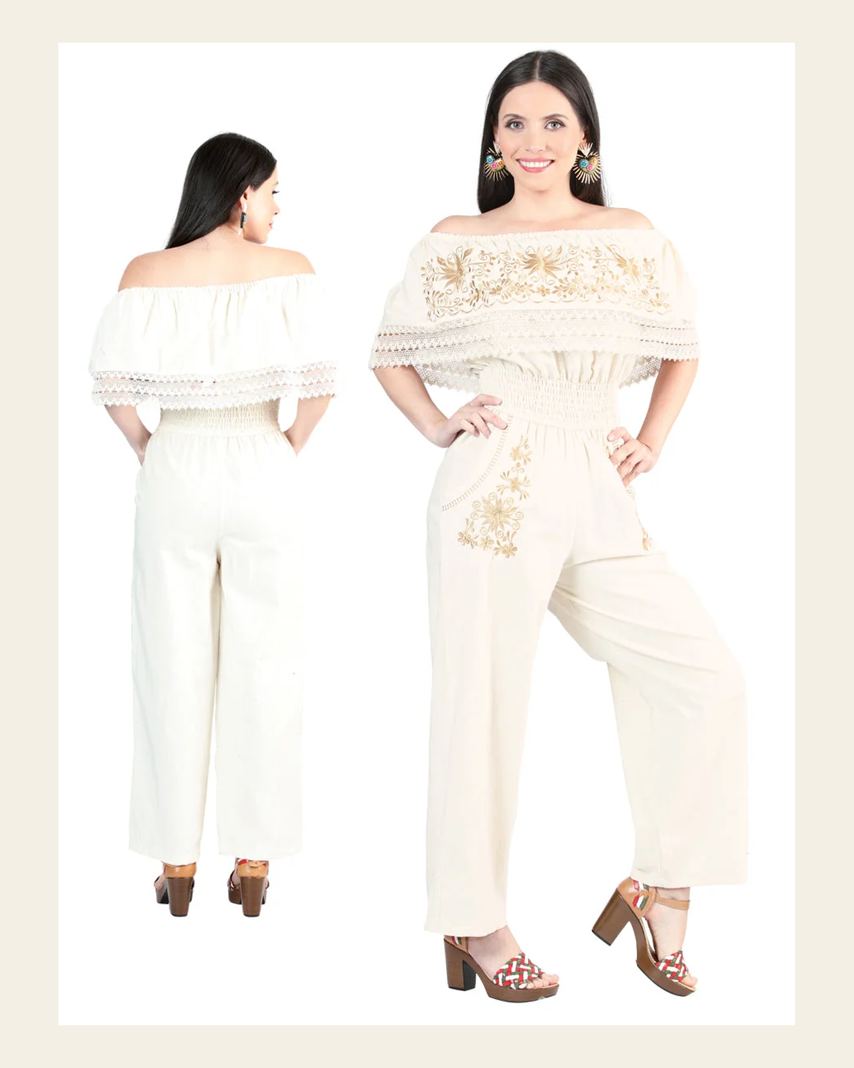 Artisanal Embroidered Jumpsuit 100% Cotton Beige 603998 on a warm cream background