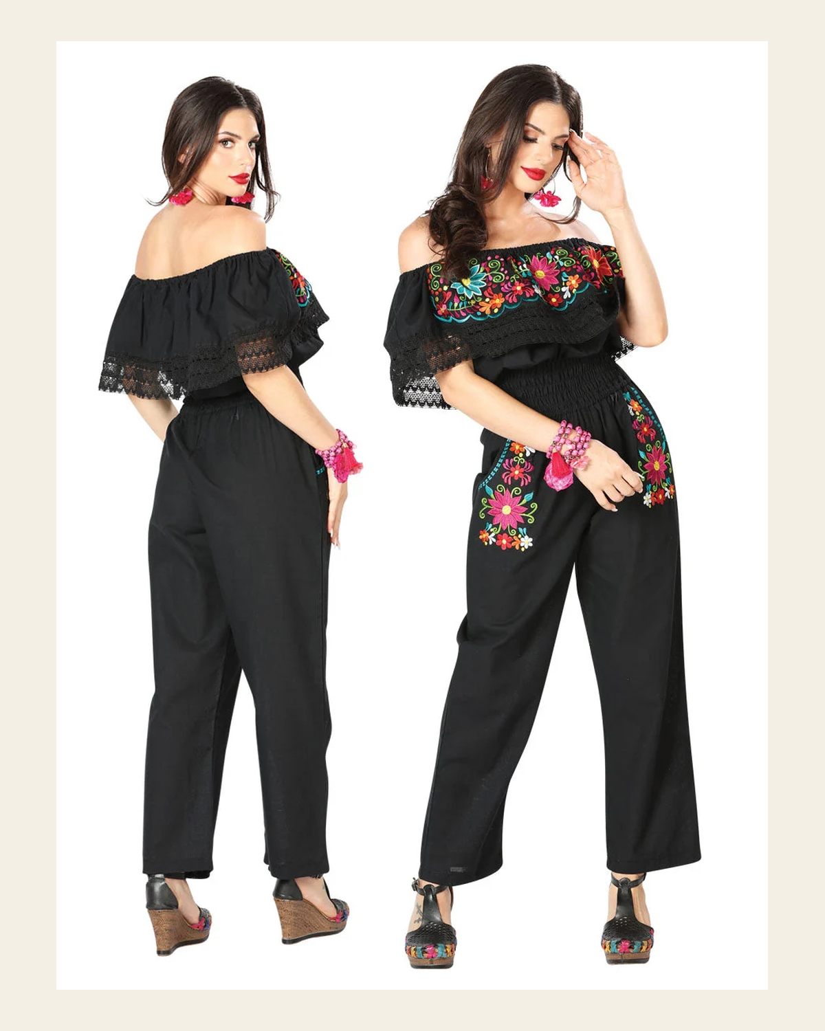 Artisanal Embroidered Jumpsuit 100% Cotton Black 603187 on a warm cream background