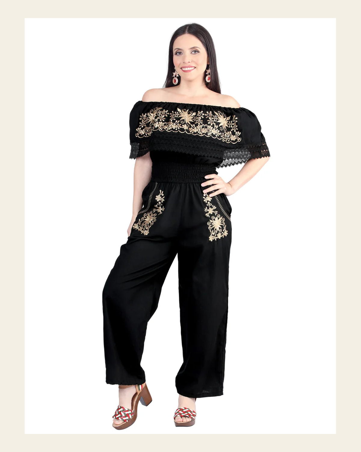 Artisanal Embroidered Jumpsuit 100% Cotton Black 603965 on a warm cream background