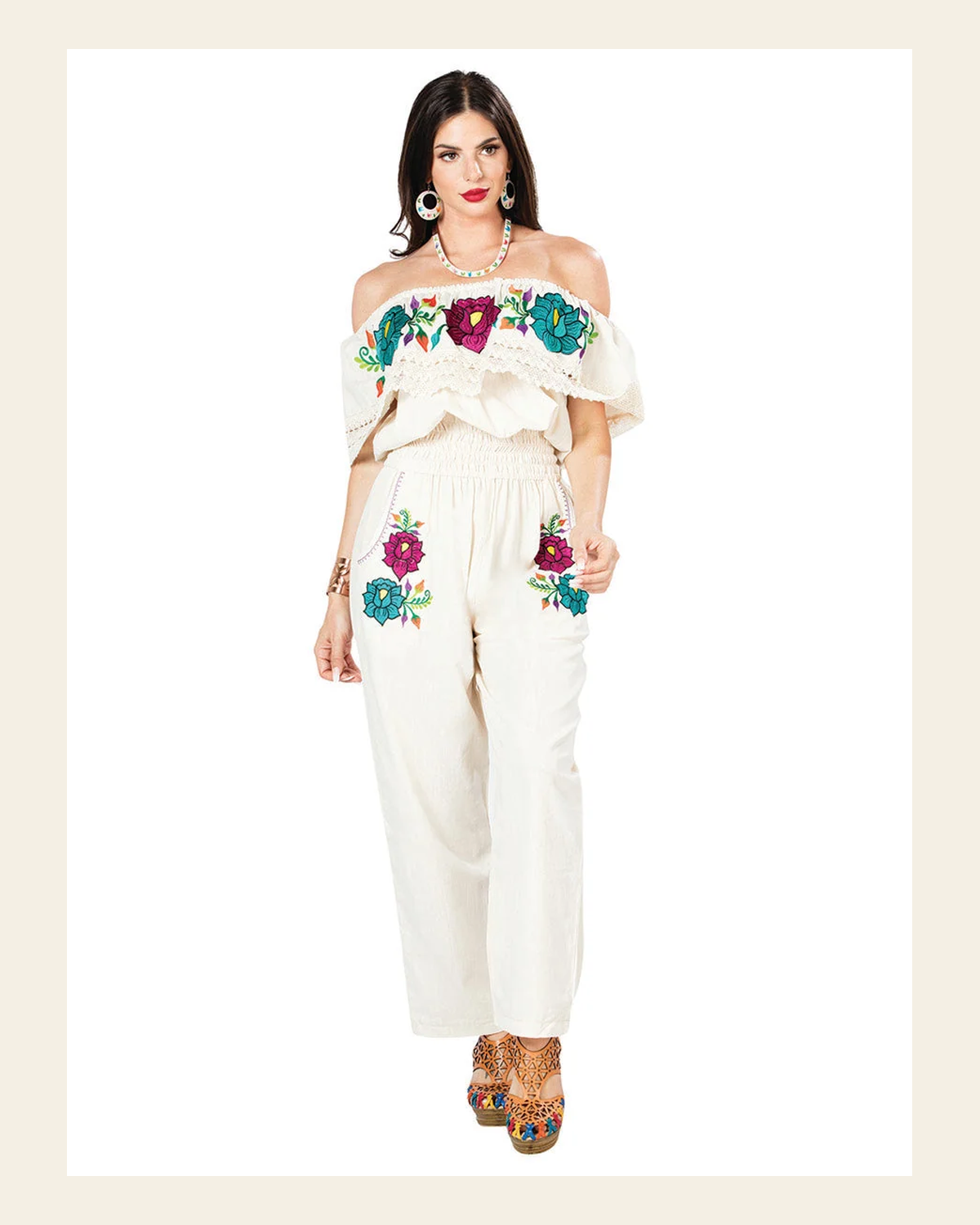 Artisanal Embroidered Jumpsuit 100% Cotton Ivory 603188 on a warm cream background