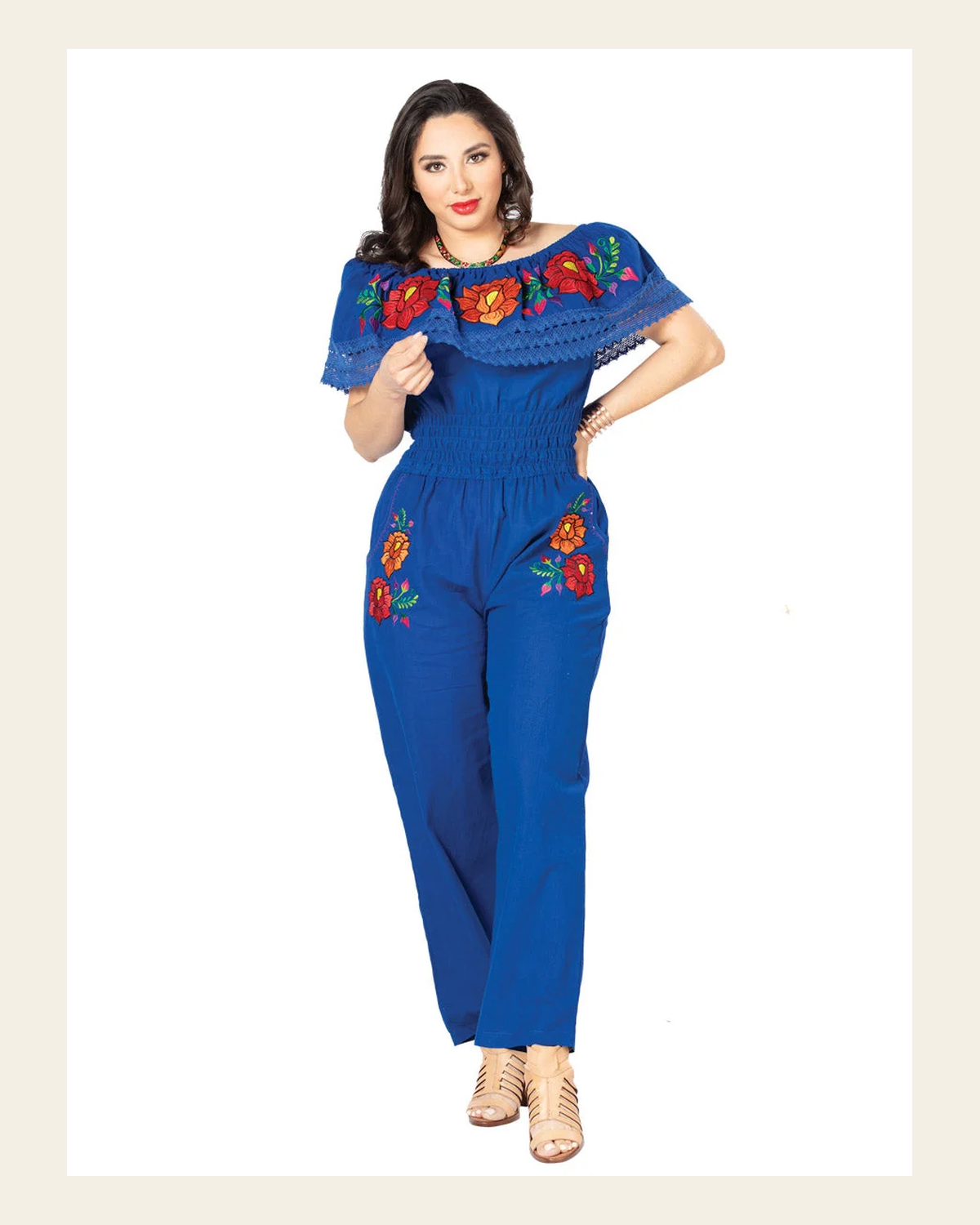 Artisanal Embroidered Jumpsuit 100% Cotton Royal Blue 603186 on a warm cream background