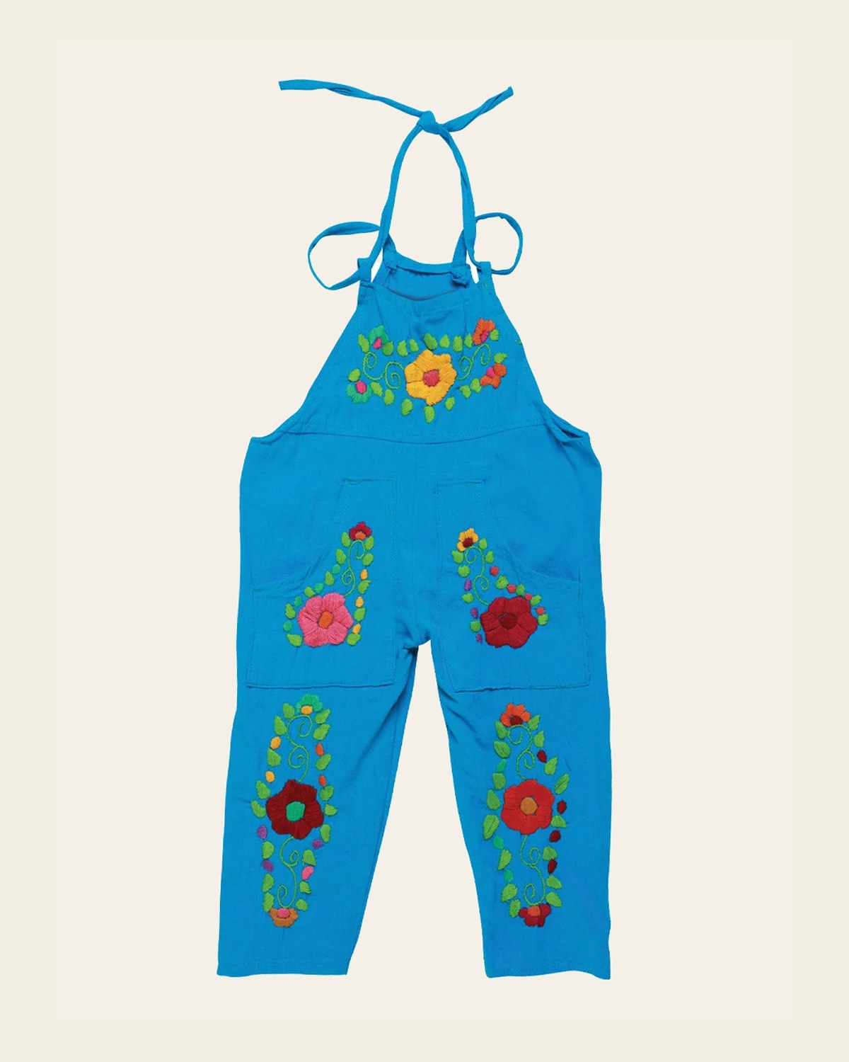Artisanal Embroidered Jumpsuit 100% Cotton Turquoise 603588 on a warm cream background