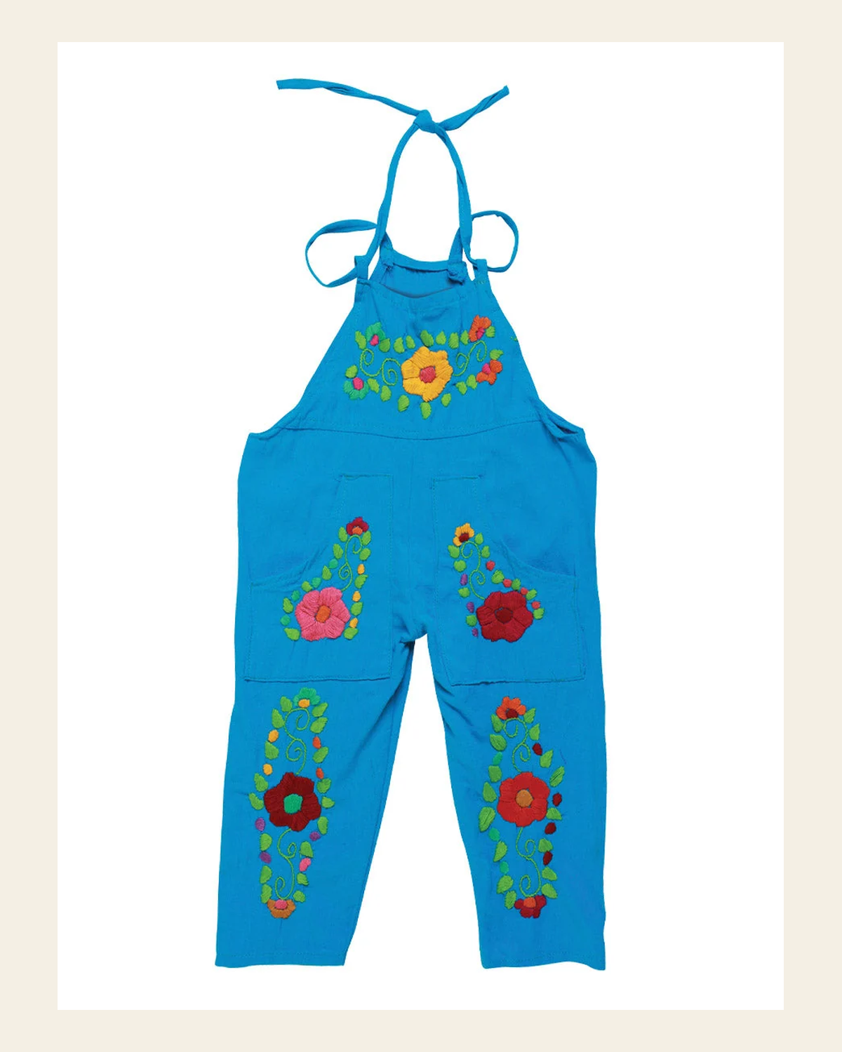 Artisanal Embroidered Jumpsuit 100% Cotton Turquoise 603588 on a warm cream background