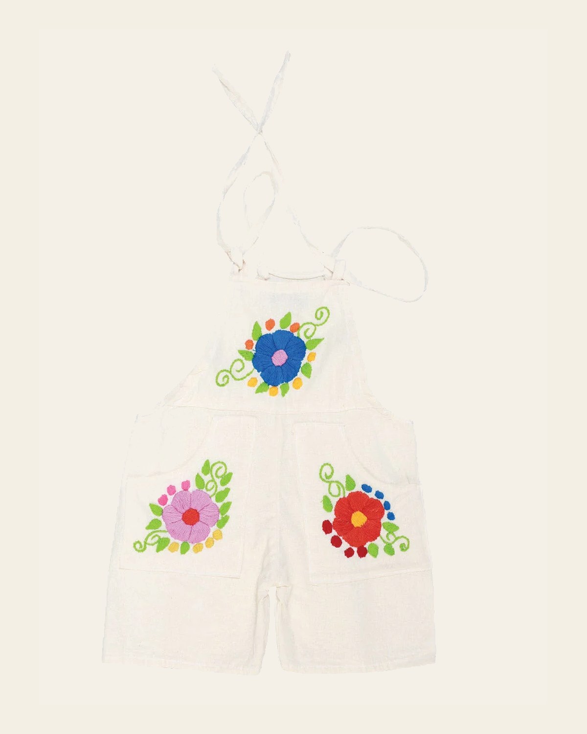 Artisanal Embroidered Overalls Short 100% Cotton Beige 603584 on a warm cream background
