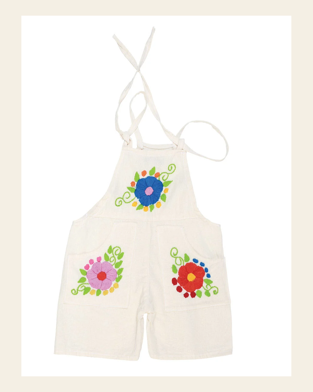 Artisanal Embroidered Overalls Short 100% Cotton Beige 603584 on a warm cream background