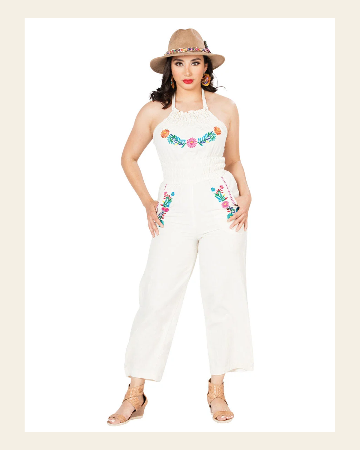 Artisanal Embroidered Jumpsuit 100% Cotton Beige 603184 on a warm cream background