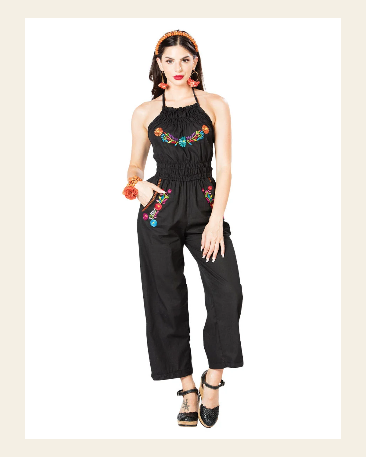 Artisanal Embroidered Jumpsuit 100% Cotton Black 603183 on a warm cream background